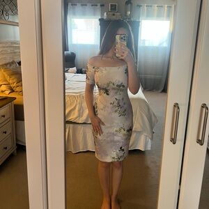 Calvin Klein off the shoulder purple, floral printed, pencil dress